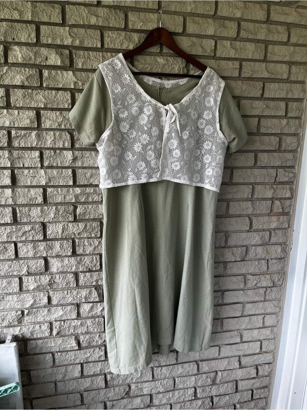 Vintage 90’s Proudly Plus Sage Green Micro Grid Plaid Lace Vest Shirt Dress 22